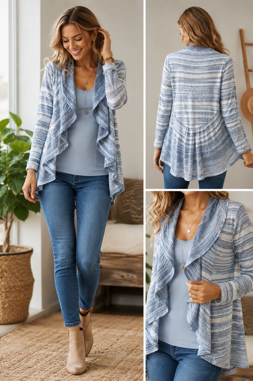 Knitted & Knotted Anthropologie Blue Lace Knit Ruffle Cardigan Small NWOT